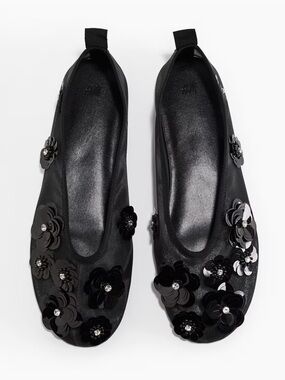 Black Floral Sequin Mesh Ballet Flats